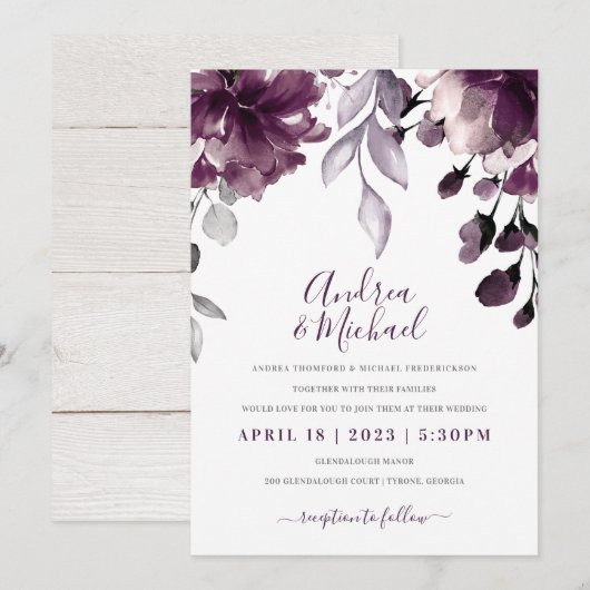 Invitation Aquarelle violette Mariage de bouquet floral (Devant / Derrière)