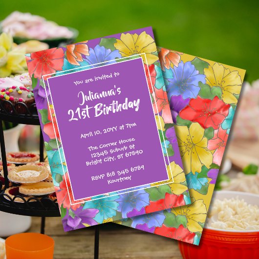 Invitation Aquarelle violette moderne Floral 21e anniversaire