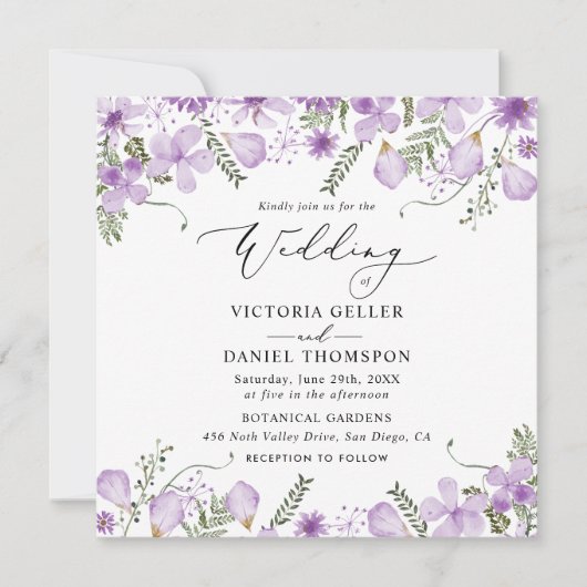 Invitation Aquarelle violette moderne Mariage Floral (Devant)