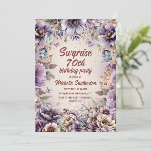 Invitation Aquarelle violette Papillons floraux Surprise 70e (Debout devant)