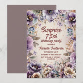 Invitation Aquarelle violette Papillons floraux Surprise 75e (Devant / Derrière)