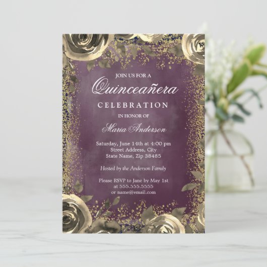 Invitation Aquarelle violette Parties scintillant or Quincean (Debout devant)