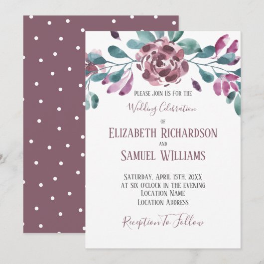 Invitation Aquarelle violette Peony Polka point retour (Devant / Derrière)