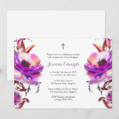 Invitation Aquarelle violette première communion florale (Devant / Derrière)