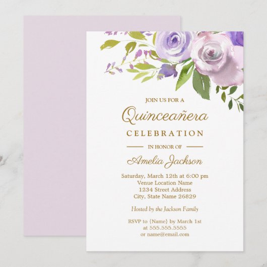 Invitation Aquarelle violette Quinceanera (Devant / Derrière)