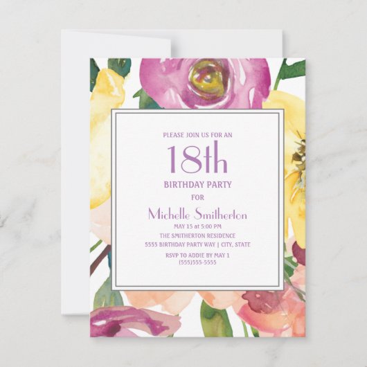 Invitation Aquarelle violette rose jaune 18e anniversaire (Devant)