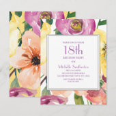 Invitation Aquarelle violette rose jaune 18e anniversaire (Devant / Derrière)
