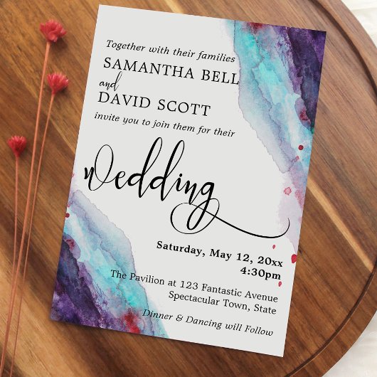 Invitation Aquarelle violette, rouge et aqua Mariage moderne 