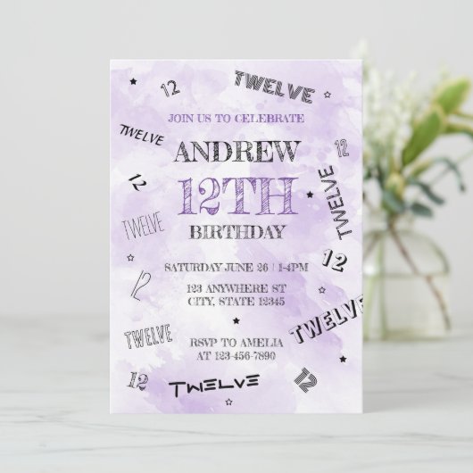 Invitation Aquarelle violette vibre 12e chiffres Anniversaire (Debout devant)