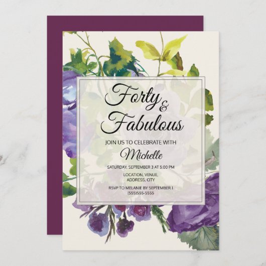 Invitation Aquarelle violette Vins floraux 40e anniversaire (Devant / Derrière)