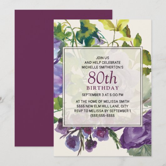 Invitation Aquarelle violette Vins floraux 80e anniversaire (Devant / Derrière)