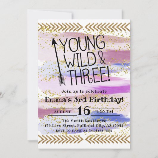 Invitation Aquarelle violette Young Wild & Three 3e anniversa (Devant)