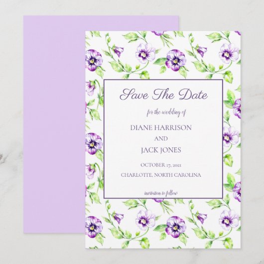 Invitation Aquarelle Violettes Sauvées pour la Date (Devant / Derrière)