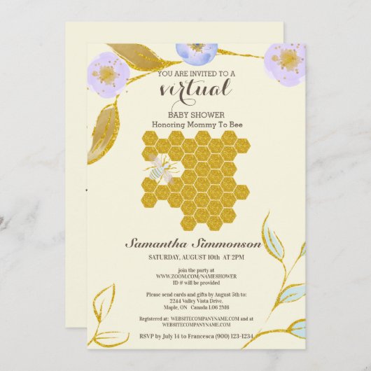 Invitation Aquarelle VIRTUELLE Mère dorée à Baby shower d'abe (Devant / Derrière)