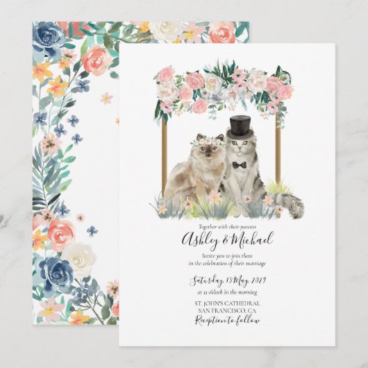 Invitation Aquarelle Whimsal Chat Rose Blanc Arbor Floral (Devant / Derrière)