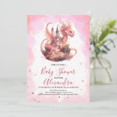Invitation Aquarelle Whimsical Baby shower de dragon rose (Debout devant)