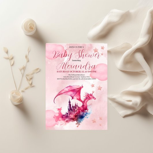 Invitation Aquarelle Whimsical Baby shower de dragon rose
