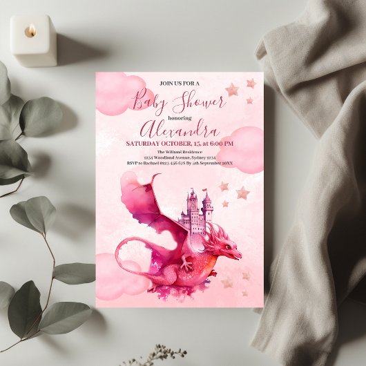 Invitation Aquarelle Whimsical Baby shower de dragon rose