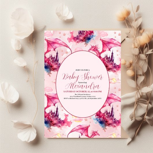 Invitation Aquarelle Whimsical Baby shower de dragon rose