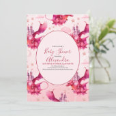 Invitation Aquarelle Whimsical Baby shower de dragon rose (Debout devant)