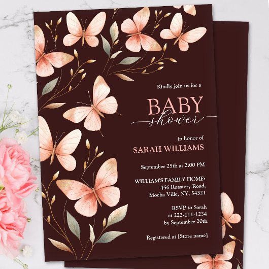 Invitation Aquarelle Whimsical Baby shower papillon rose