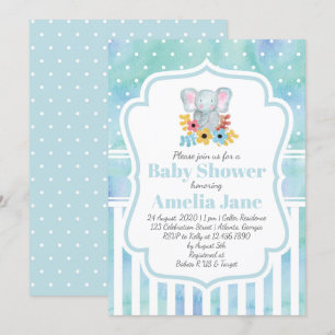 Invitation Aquarelle Whimsical Elephant Boy Baby shower