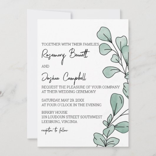 Invitation Aquarelle Whimsical Eucalyptus Mariage (Devant)