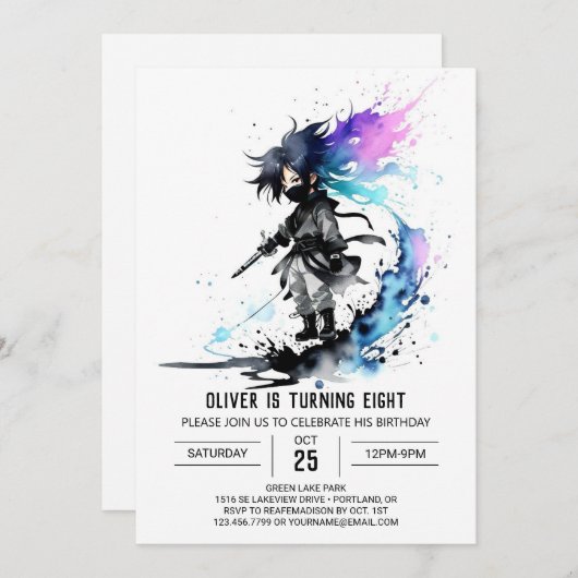 Invitation Aquarelle Whimsical Ninja Boy Digital Anniversaire (Devant / Derrière)