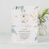 Invitation Aquarelle Whimsical Rose Floral Or Baptême (Debout devant)