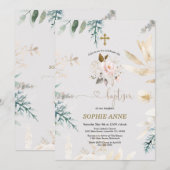 Invitation Aquarelle Whimsical Rose Floral Or Baptême (Devant / Derrière)