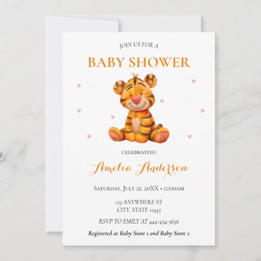 Invitation Aquarelle Whimsical Tiger Plush Baby shower (Devant)