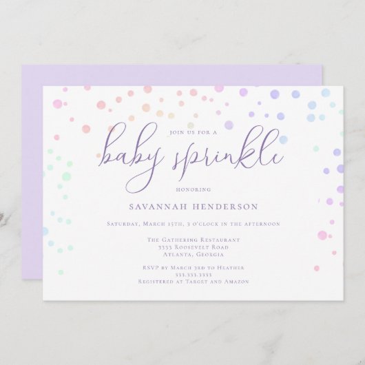 Invitation Aquarelle Whimsical violet Confetti Baby Sprinky (Devant / Derrière)