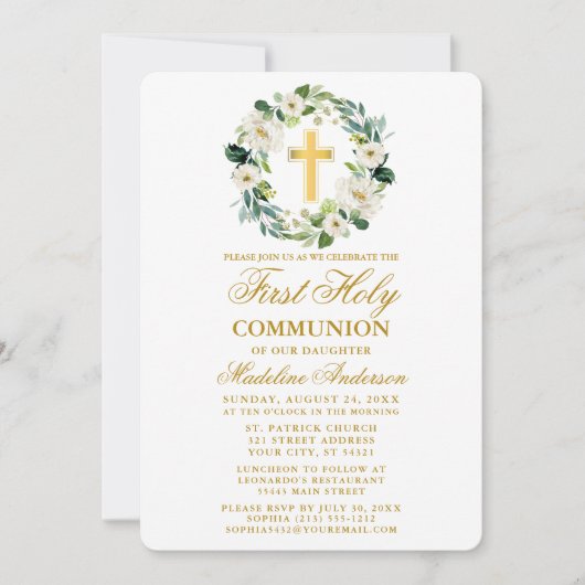 Invitation Aquarelle White Floral Wreath Première communion (Devant)
