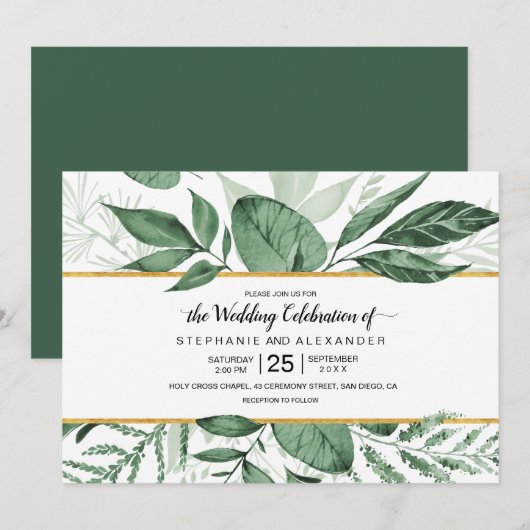Invitation Aquarelle Wild Feuilles Hunter Mariage vert (Devant / Derrière)