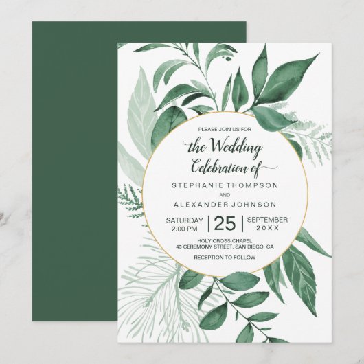 Invitation Aquarelle Wild Feuilles Hunter Mariage vert (Devant / Derrière)