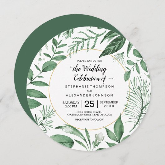 Invitation Aquarelle Wild Feuilles Hunter Mariage vert (Devant / Derrière)