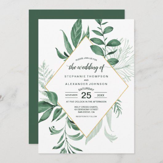 Invitation Aquarelle Wild Feuilles Hunter Mariage vert (Devant / Derrière)
