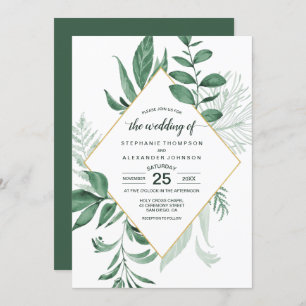 Invitation Aquarelle Wild Feuilles Hunter Mariage vert