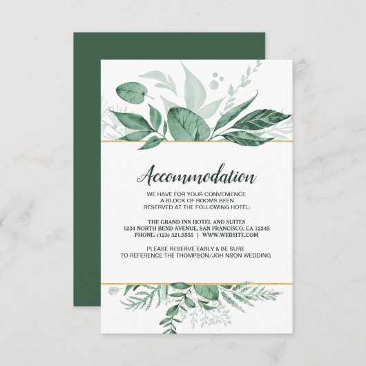 Invitation Aquarelle Wild Feuilles Hunter Mariage vert (Devant / Derrière)