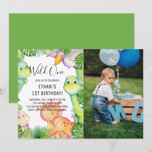Invitation Aquarelle Wild One Dinosaur 1er Anniversaire Photo (Devant / Derrière)