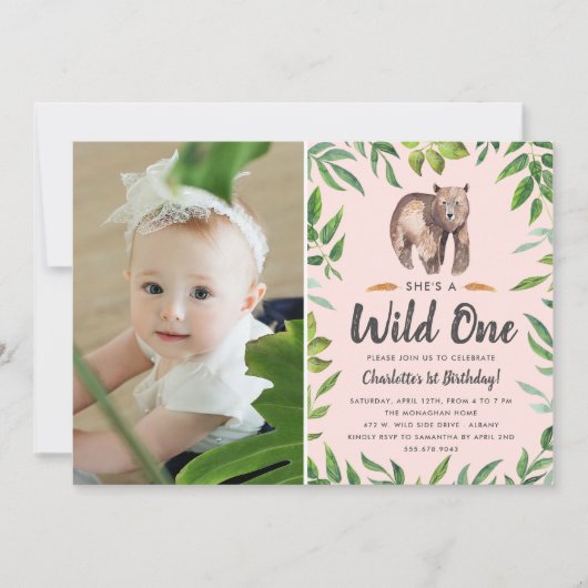 Invitation Aquarelle Wild One | Filles Photo Anniversaire | B (Devant)