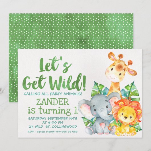 Invitation Aquarelle Wild Safari Animaux Anniversaire Invitat (Devant / Derrière)