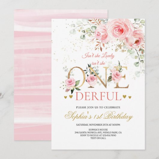 Invitation Aquarelle Wild Un Fleur sauvage 1er anniversaire (Devant / Derrière)