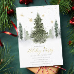 Invitation Aquarelle Winter Forest Fête Gold<br><div class="desc">Cette invitation de fête moderne est un choix merveilleux pour votre événement. Doté d'illustrations d'aquarelles vertes d'arbres forestiers et de faux flocons de neige en feuille d'or. La police de script de calligraphie à la mode est associée à un serif classique pour un look chic. Utilisez les outils de modèle...</div>