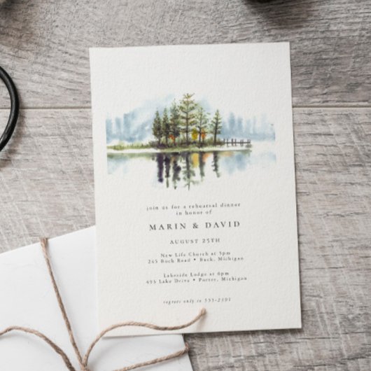 Invitation Aquarelle Woodland Rustic Lake Dîner de répétition