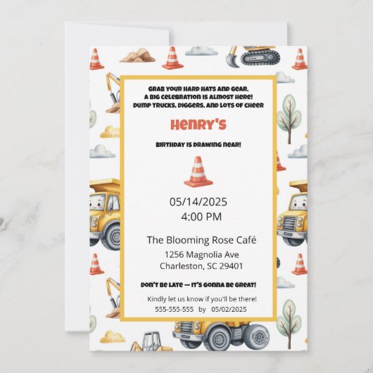 Invitation Aquarelle Yellow Dump chantier de construction de  (Devant)