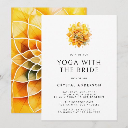 Invitation Aquarelle Yellow Mandala Yoga avec la mariée (Devant / Derrière)