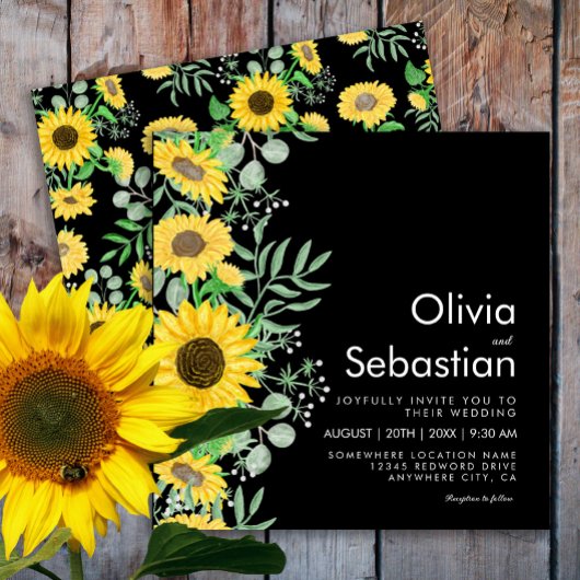 Invitation Aquarelle Yellow Sunflowers Carré noir Mariage