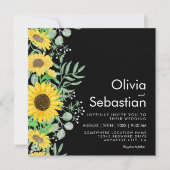 Invitation Aquarelle Yellow Sunflowers Carré noir Mariage (Devant)