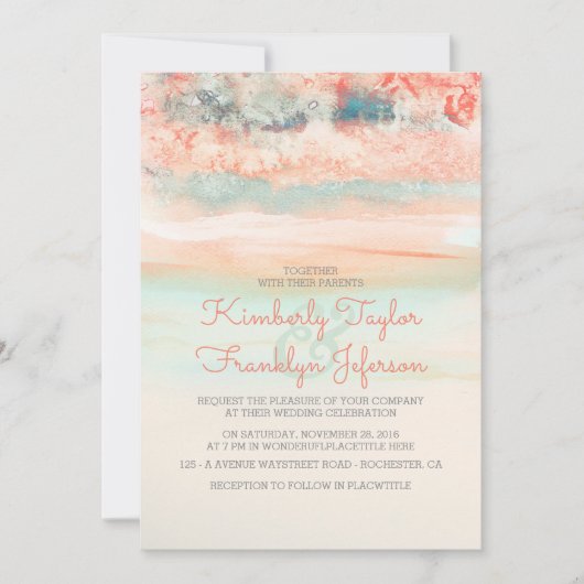 Invitation Aquarelles Beach Wedding Rose Blue (Devant)